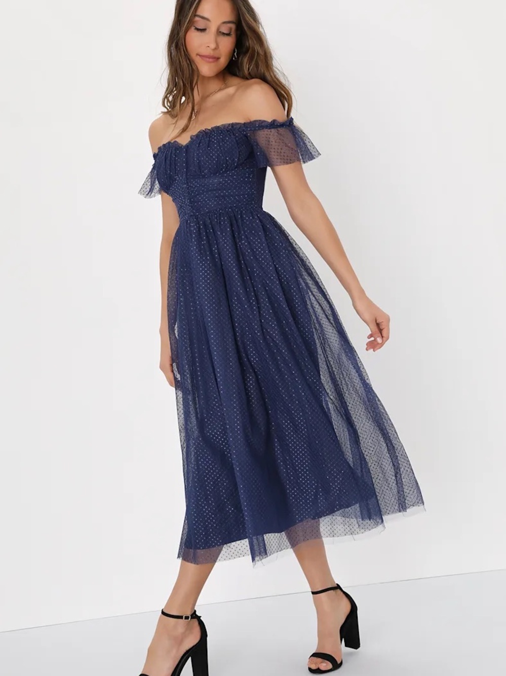 Lulu's Navy Off-the-Shoulder Mesh Midi Dress